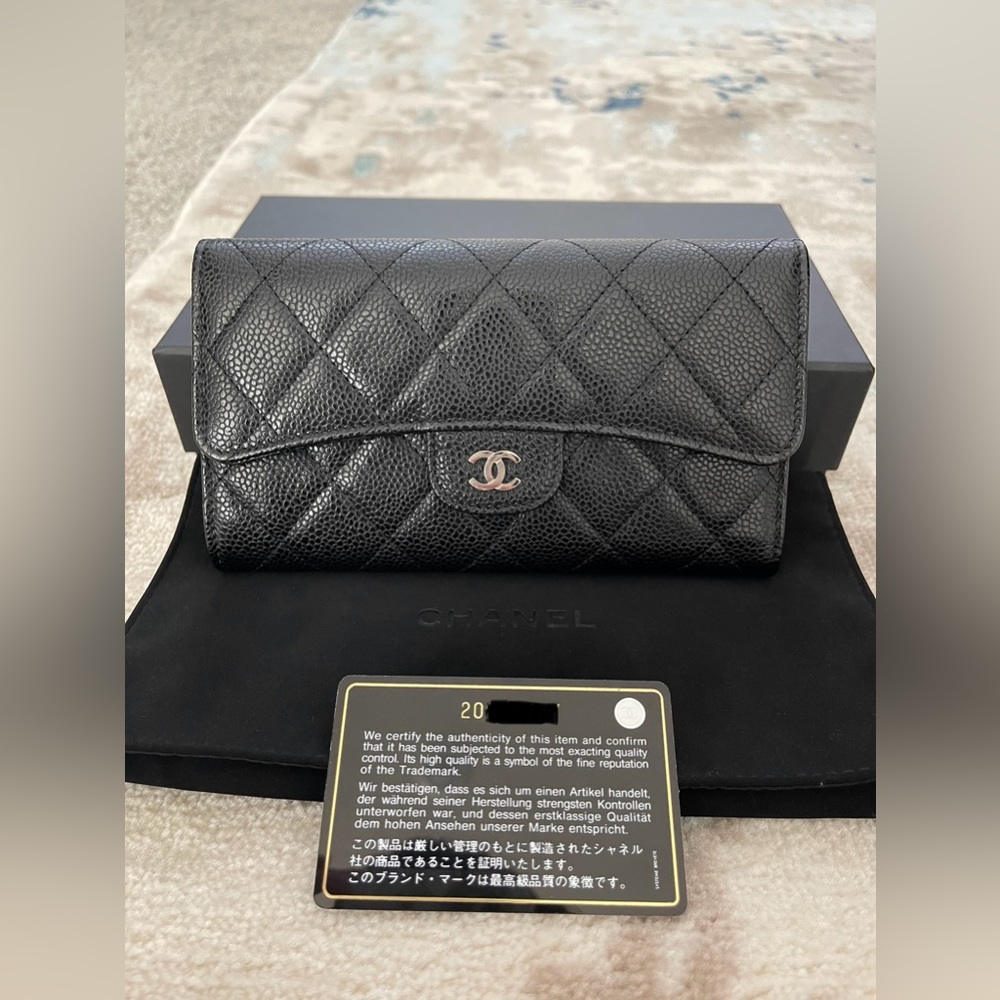 CHANEL Long Flap Quilted Caviar Wallet Black in SHW